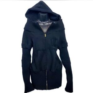 Black Goth Grunge Dystopian Chunky Off Shoulder Zip Up Hoodie Size Large